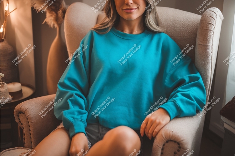 Woman in blue sweatshirt mockup
