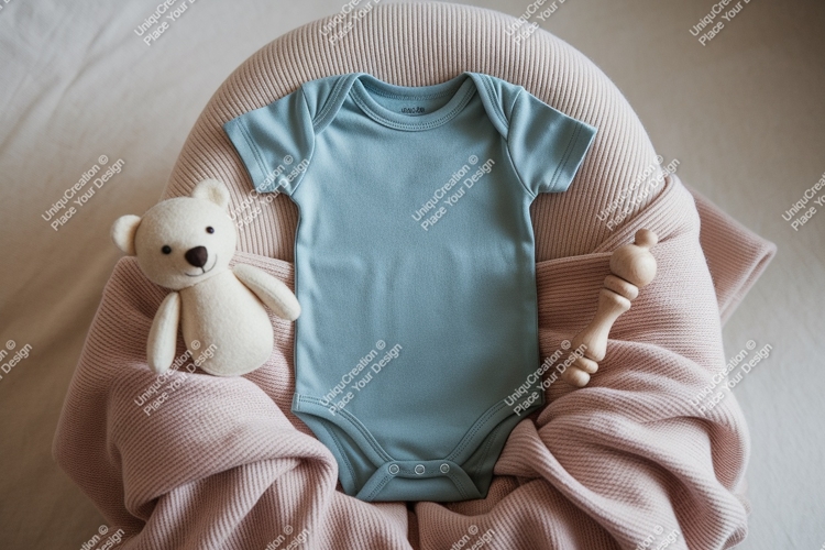 Baby blue bodysuit with teddy bear mockup