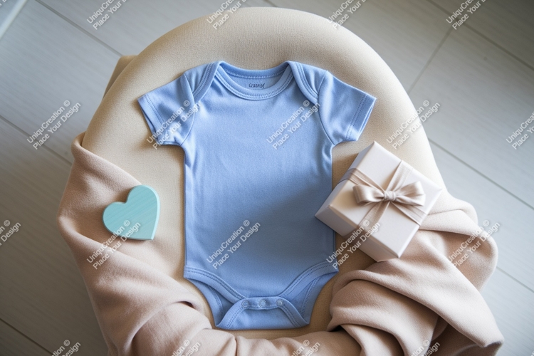 Baby blue onesie with gifts mockup