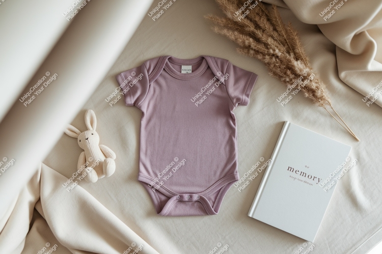 Baby onesie with book and toy mockup