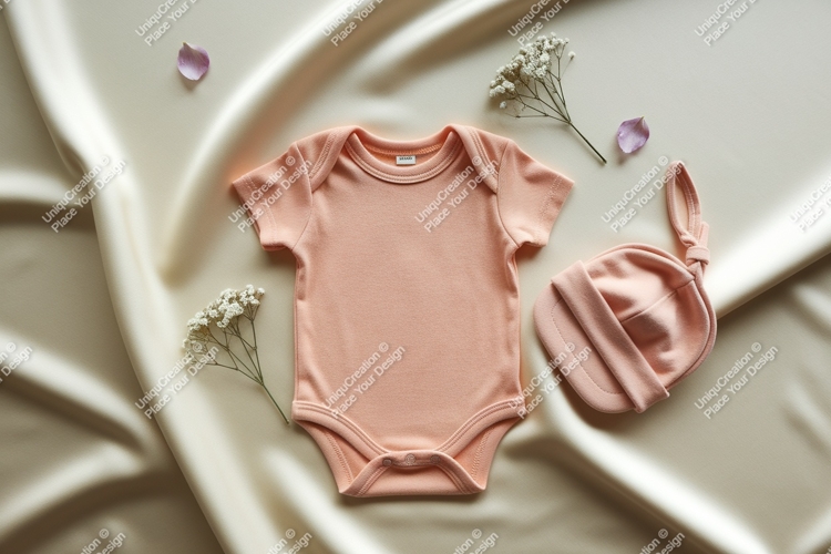 Peach baby bodysuit flatlay mockup