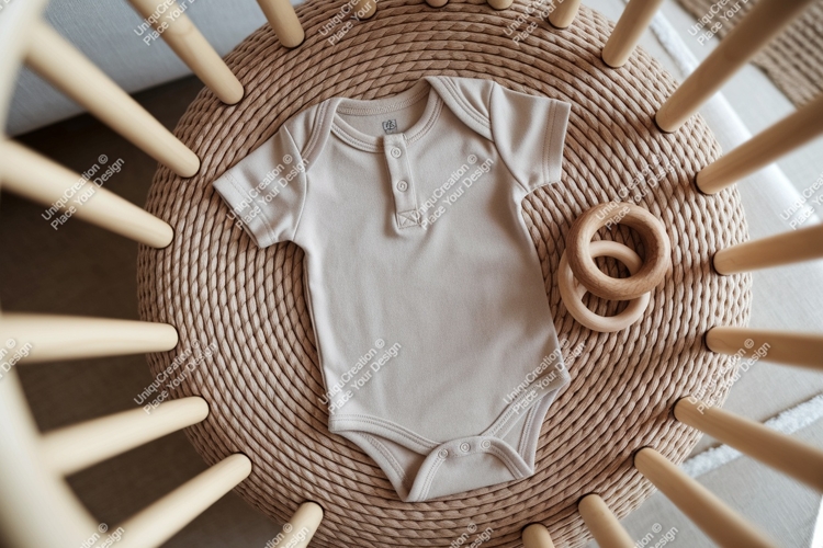Beige baby onesie on chair mockup
