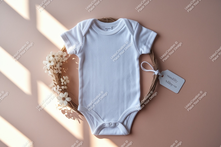 White baby bodysuit with flower wreath mockup