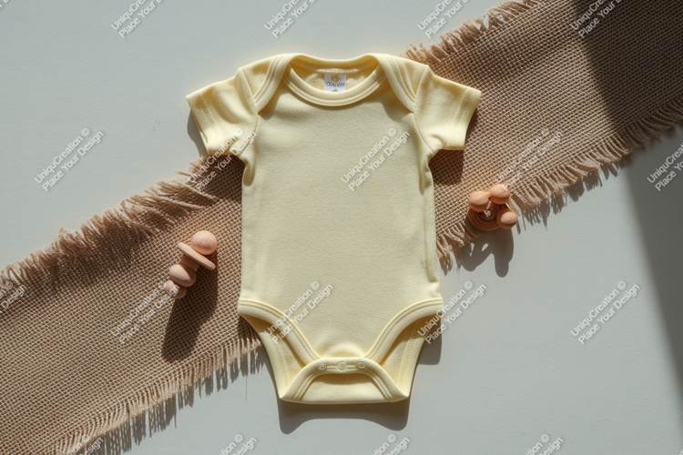 Yellow baby bodysuit flat lay mockup