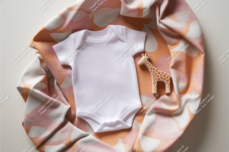 White baby onesie with giraffe toy mockup