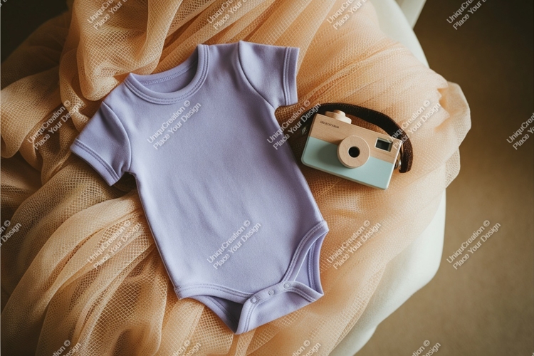 Beige baby onesie with blanket mockup