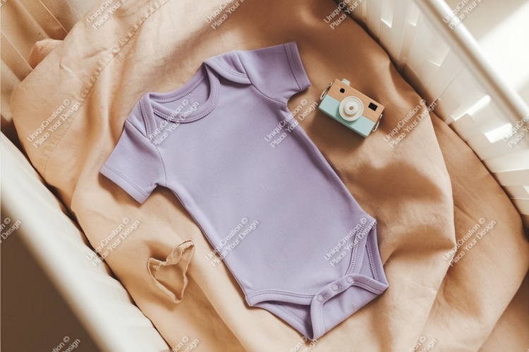 Peach baby onesie with lavender mockup