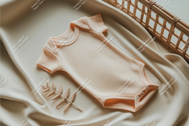 Beige baby onesie on fabric mockup