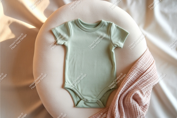 Mint baby onesie on pillow mockup