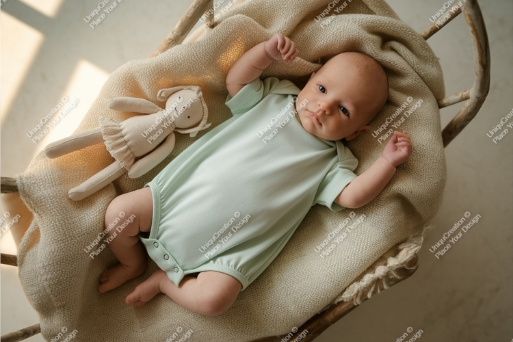 Baby in a basket with toy mockup