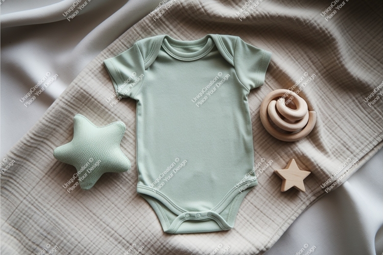 Green baby onesie with toys mockup