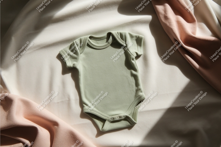 Green baby onesie on silk mockup