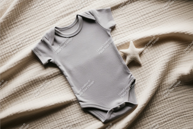Gray baby onesie on blanket mockup
