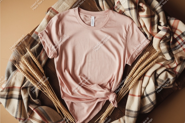 Pink tshirt with wheat and blanket mockup