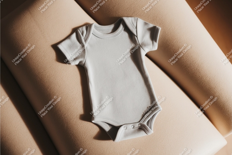 Gray baby onesie on beige cushion mockup