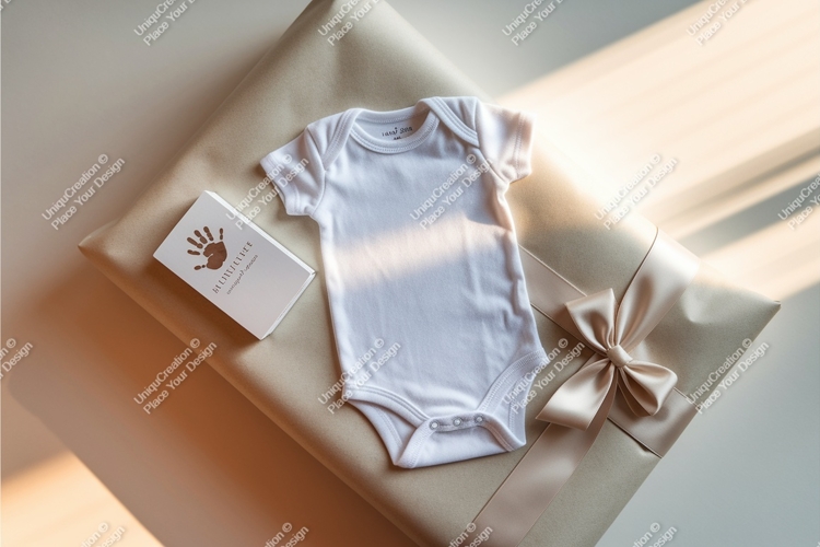 White baby bodysuit on gift mockup