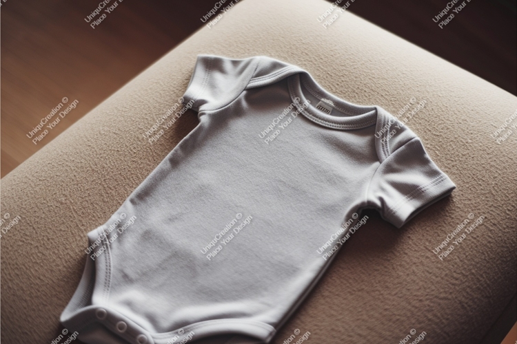 Gray baby onesie on beige surface mockup