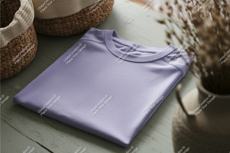 Folded lilac tshirt on table mockup