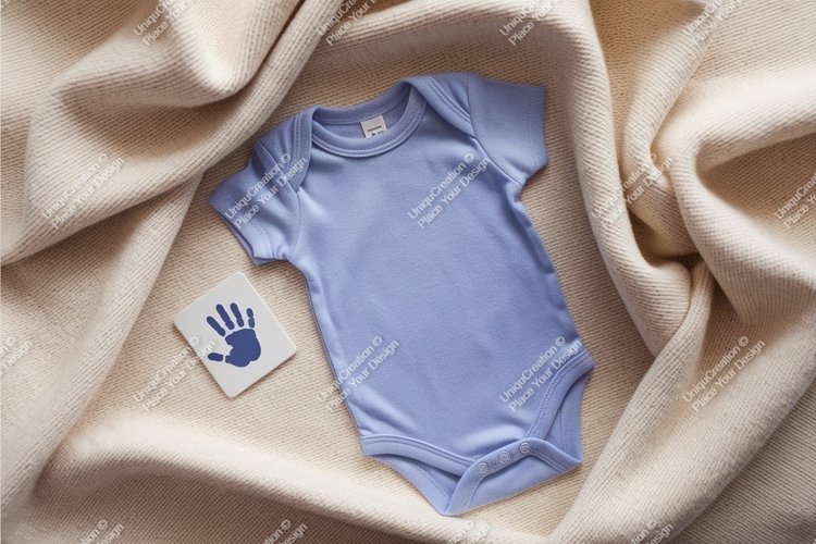 A blue baby onesie on fabric mockup