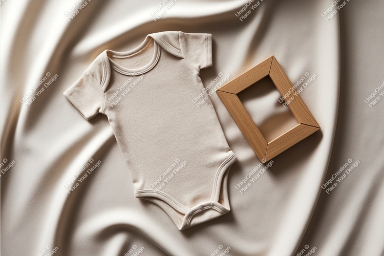 A beige baby onesie on silk mockup