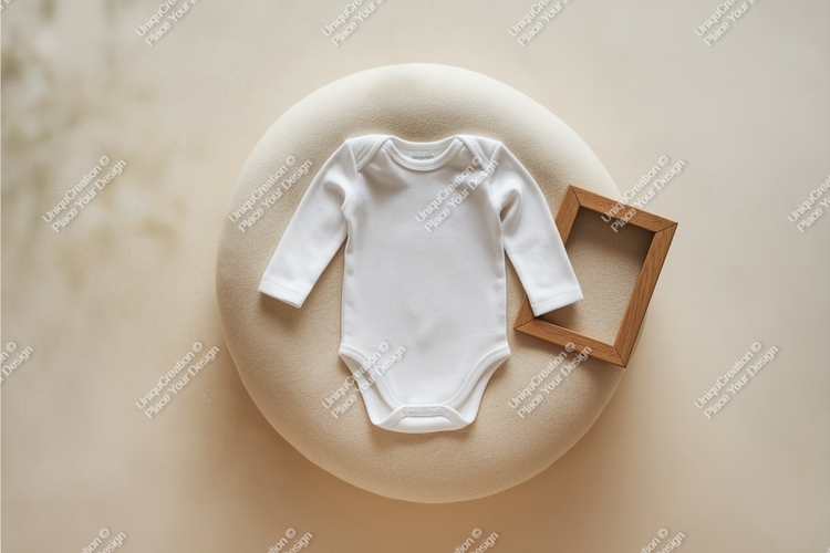 A white baby onesie with frame mockup