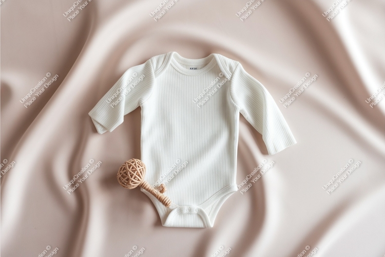 White baby bodysuit on beige fabric mockup
