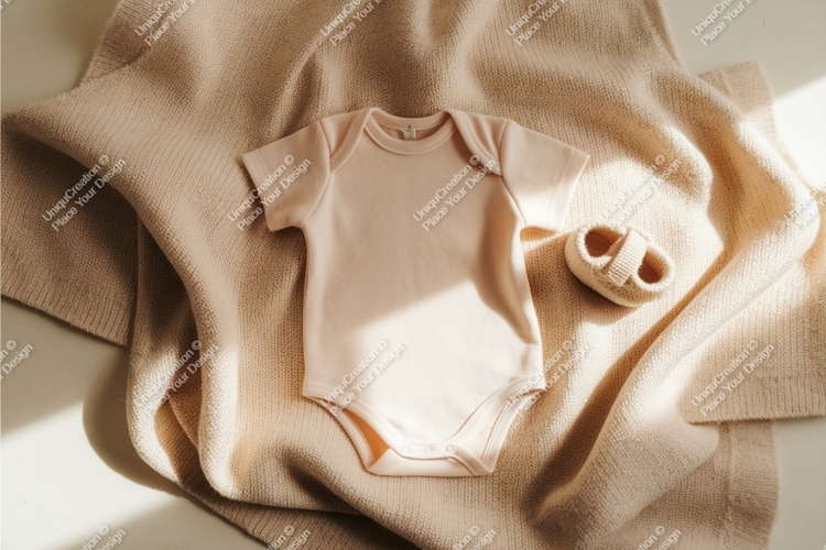 Beige baby bodysuit on blanket mockup