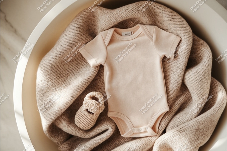 Beige baby bodysuit on blanket mockup