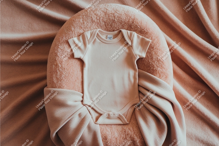 Pink baby onesie on soft cushion mockup