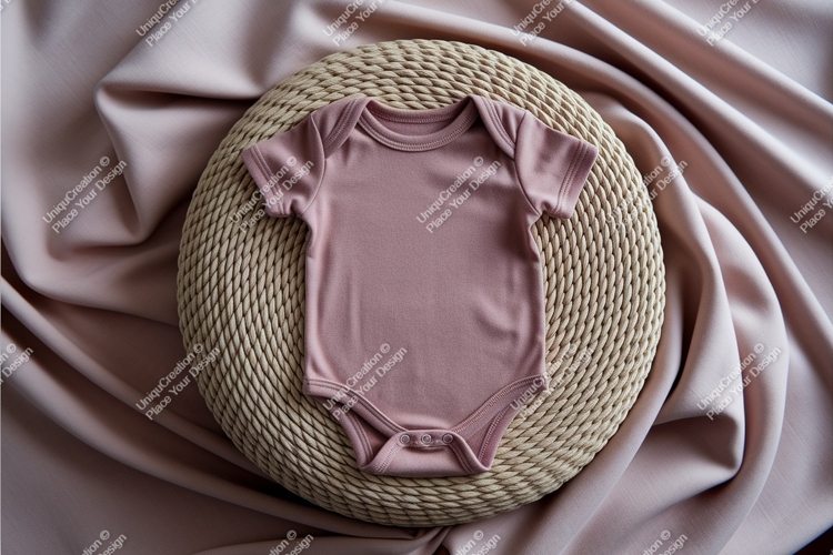 Pink baby bodysuit on wicker prop mockup