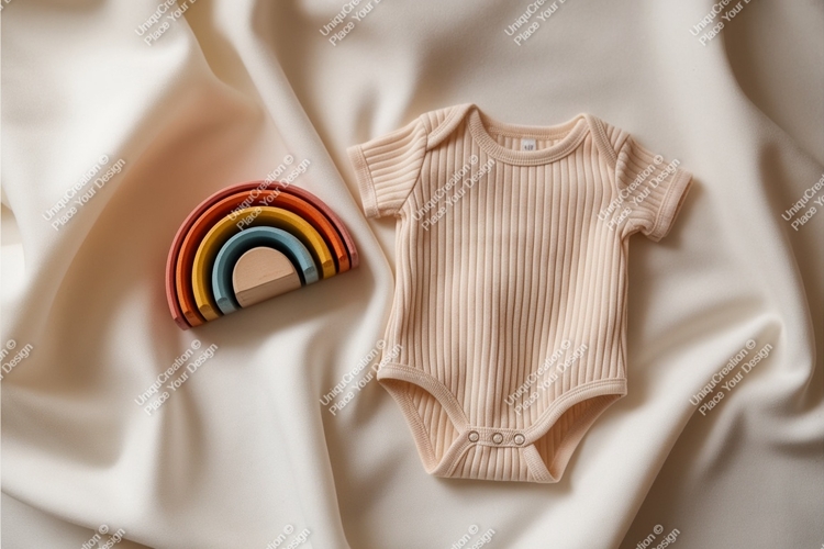Beige baby bodysuit with rainbow mockup