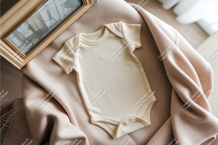 Beige baby onesie on blanket mockup