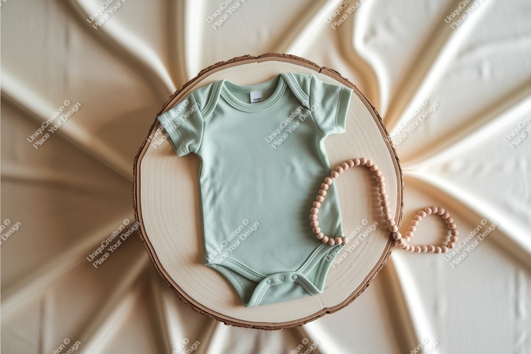 Green baby onesie on wood mockup