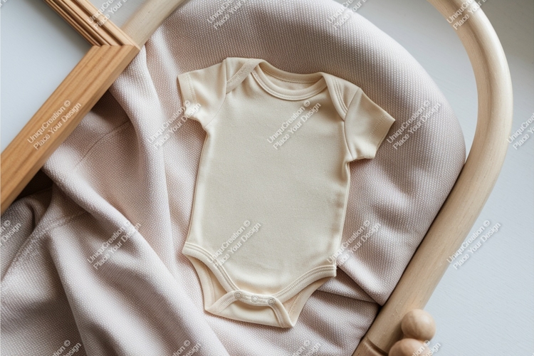 Beige baby onesie in wooden crib mockup