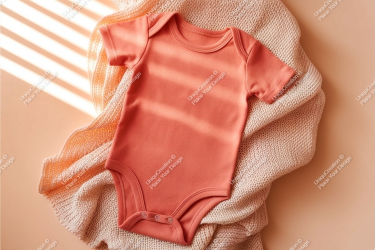 Peach baby onesie on blanket mockup