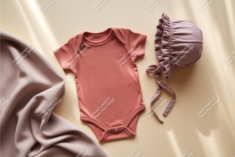 Baby onesie and bonnet flat lay mockup