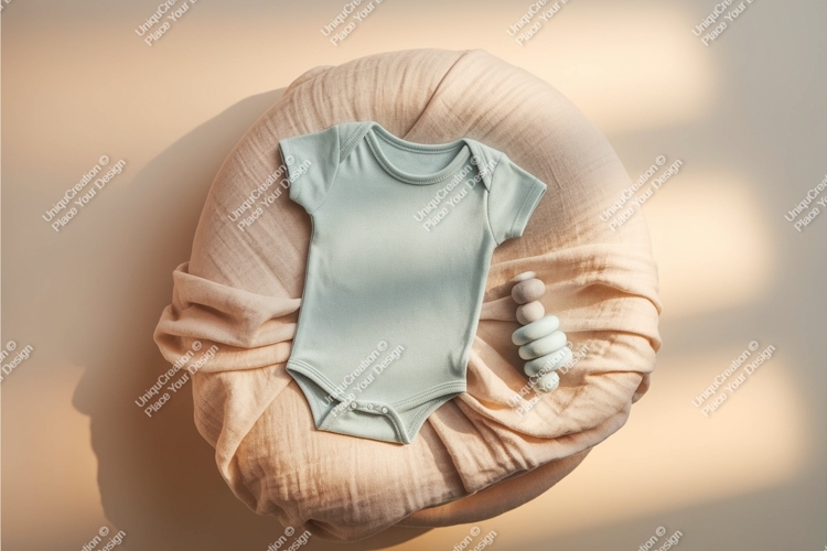 Baby bodysuit with toy on pillow mockup