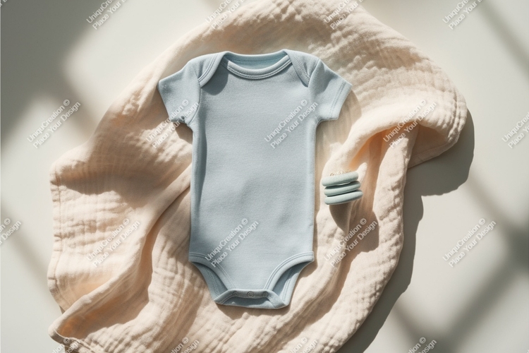 Baby blue onesie with soft blanket mockup