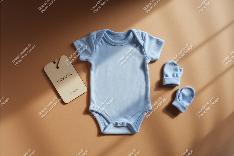 Blue baby onesie with mittens mockup