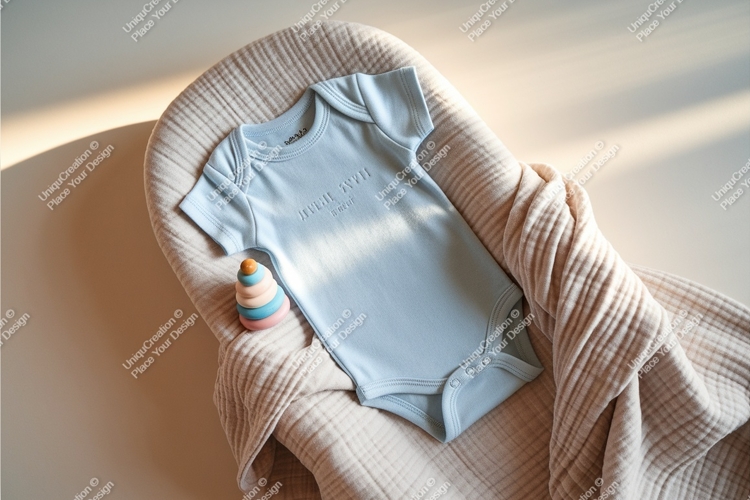 Blue baby bodysuit on a blanket mockup