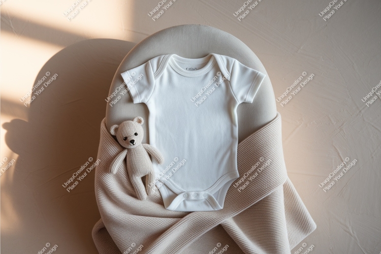 White baby onesie with teddy bear mockup
