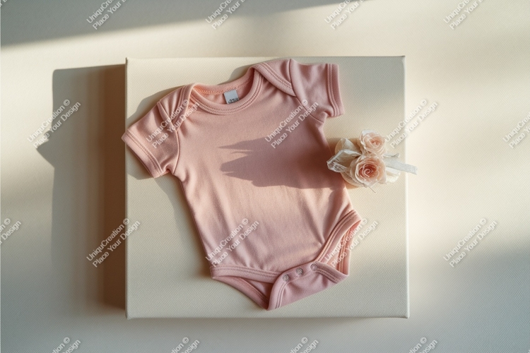Peach baby bodysuit on box mockup