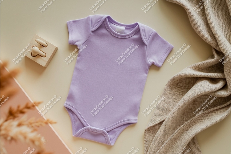 Lavender baby onesie flatlay mockup