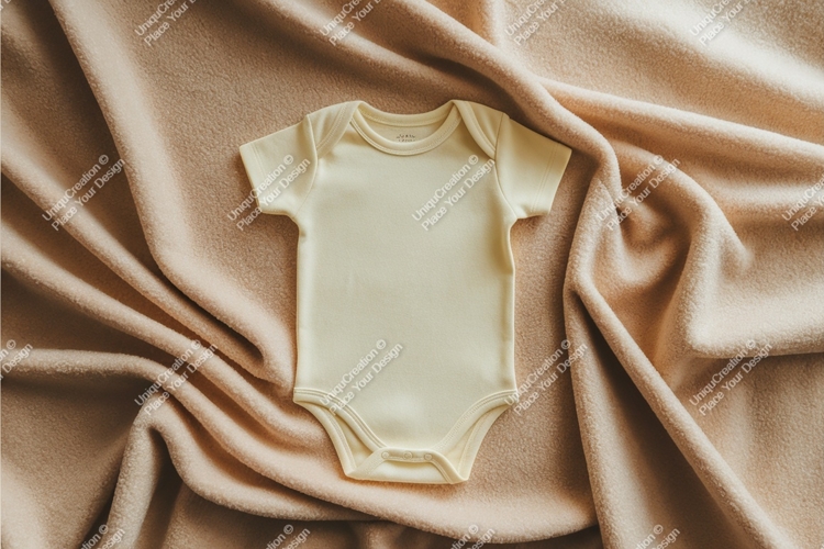 Yellow baby bodysuit on blanket mockup