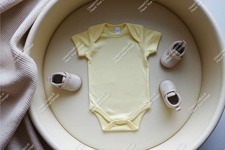 Yellow baby onesie with shoes mockup
