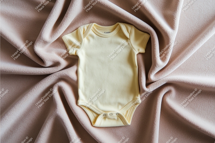Yellow baby bodysuit on blanket mockup
