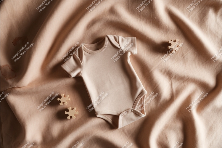 Beige baby bodysuit on soft fabric mockup