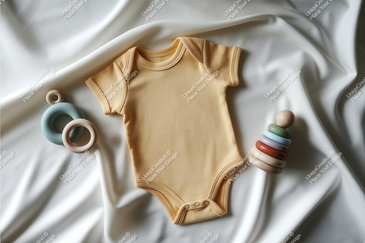 Yellow baby onesie with wooden toys mockup