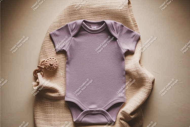 Baby bodysuit with pacifier on soft blanket mockup