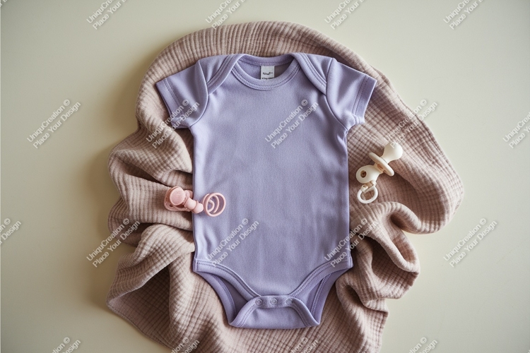 Baby bodysuit with pacifier on soft blanket mockup